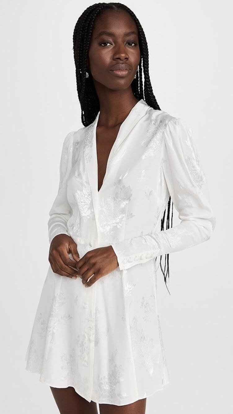 Caroline Constas Corinne White Long Sleeve Floral Jacquard Shawl Mini Dress Sz S
